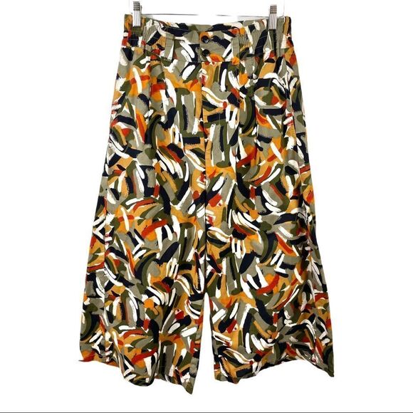 Multi Coloured Brush Stroke Patterned Wide Leg Cropped Cotton Pants Size S - Picture 1 of 3